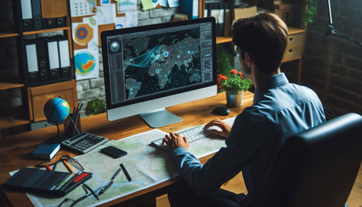 A GIS professional analyzes spatial data on a computer screen, surrounded by maps and charts, using advanced GIS software.