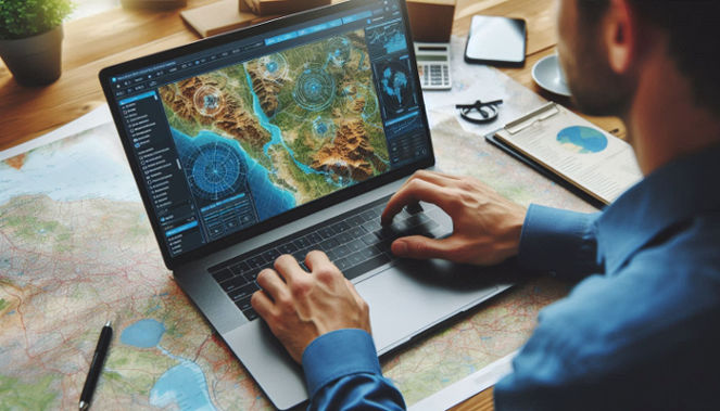 A man in a blue shirt examines a laptop showing a geo mapping software interface with detailed geographical information and data.