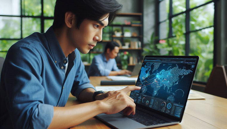 A man in a blue shirt focuses on a laptop, displaying a detailed geo mapping software interface with various geographical data.