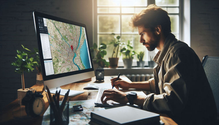 A man sits at a desk, focused on geomapping on his desktop computer.