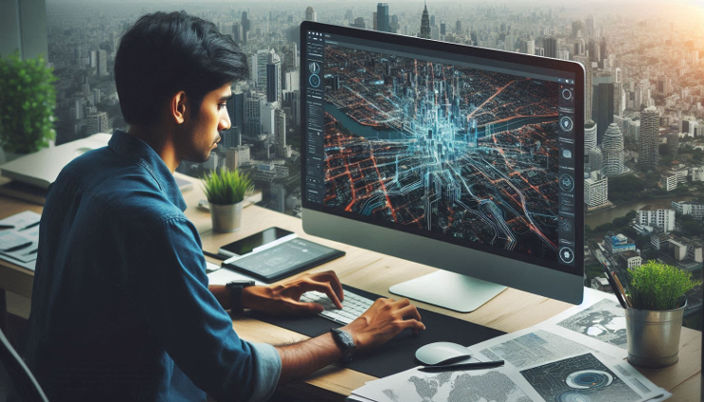 A person uses a computer to analyze intricate city maps with GIS software, overlaying various data layers for insights.