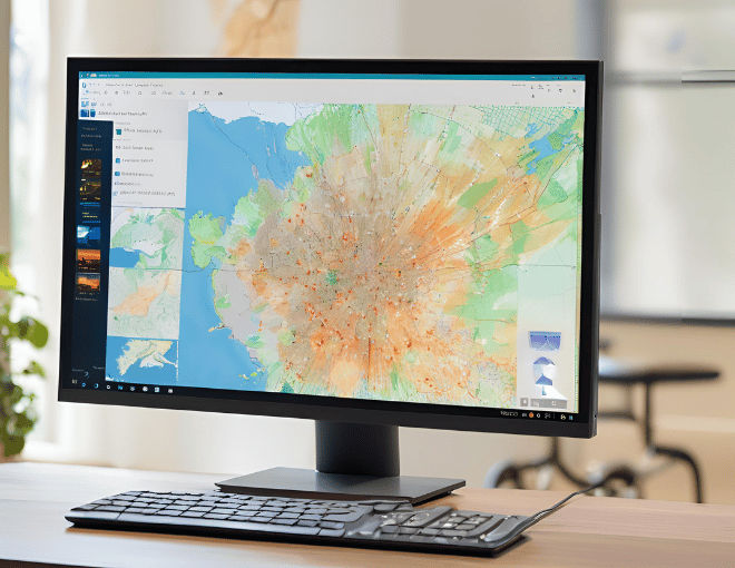 Windows 10 glows on a monitor, displaying intricate maps and data overlaid with pinpoint accuracy from integrated geo mapping software.