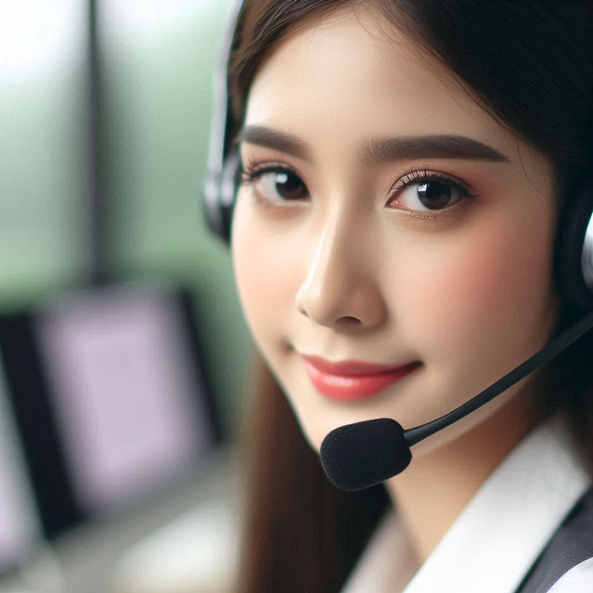 A call center agent woman wearing a headset while looking at the camera.