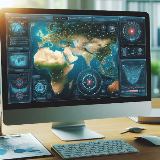 A computer screen displaying a geo mapping software interface with detailed maps, data layers, and analytical tools visible.