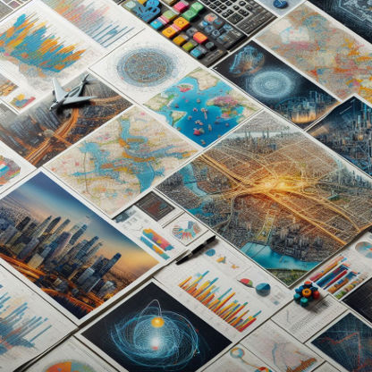 A diverse array of detailed printed maps showcasing various geo mapping software applications and data visualizations for different projects.