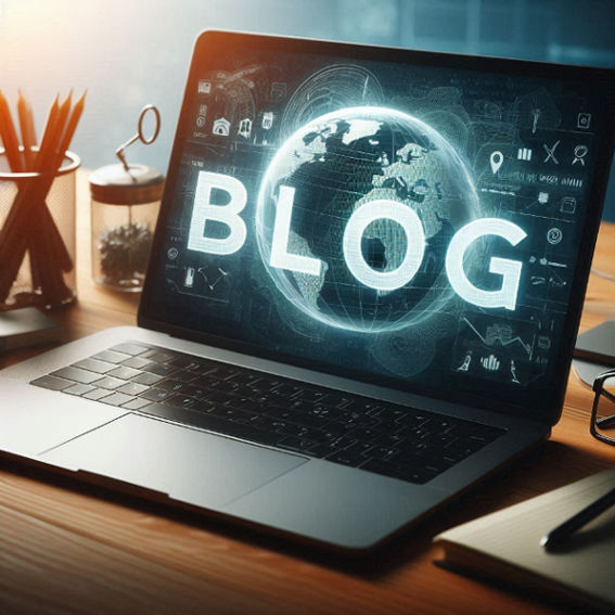 A laptop showing the word BLOG above a geo map on the screen.