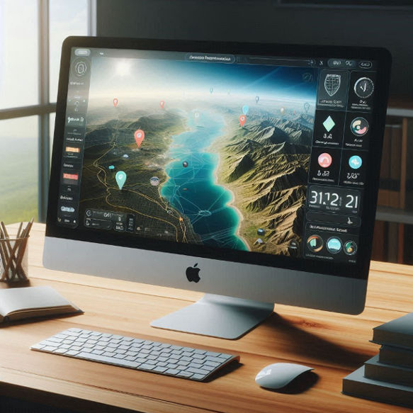 A mac desktop computer showing a geomapping software on the screen.