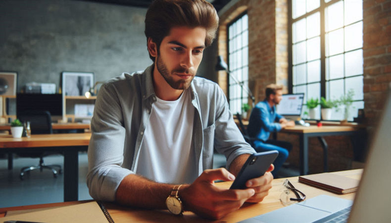 A man in a marketing office stands by a desk, holding a smartphone and looking at it with focused intent.