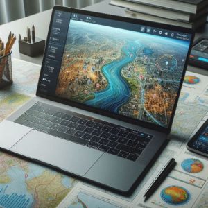 laptop displays a geo mapping software interface with detailed, interactive maps and data layers for spatial analysis.