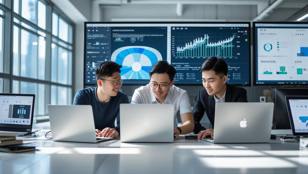 Team analyzing geo maps and SEO dashboards in bright modern office workspace.