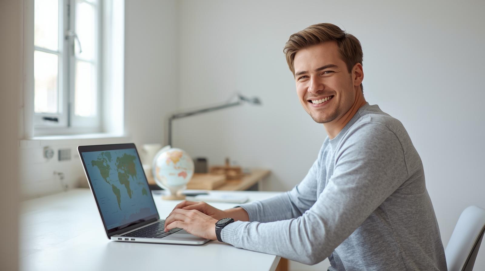 Man smiling at laptop while working with blurred digital map in bright room.