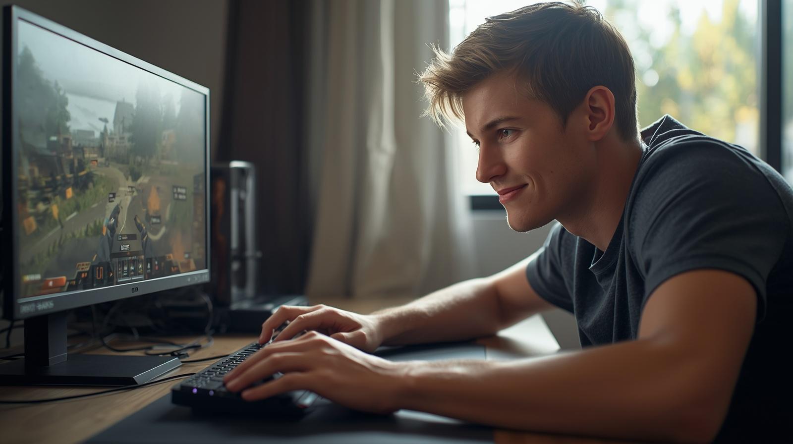 Focused gamer navigating digital map, smiling during intense competitive gameplay session.
